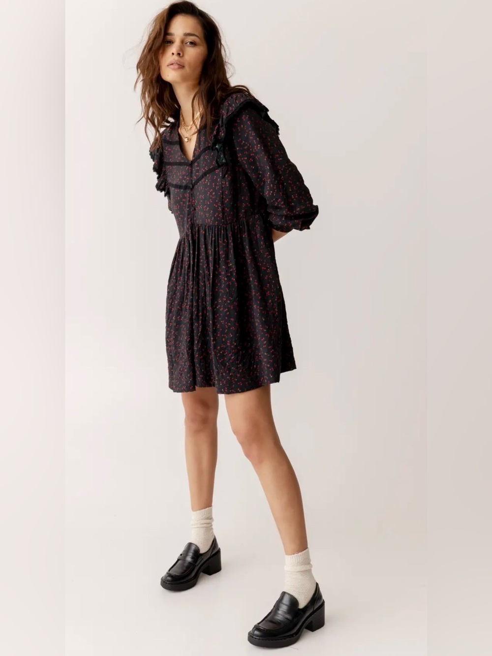 Black Mini Dress with Red Floral Print and Ruffle Detail